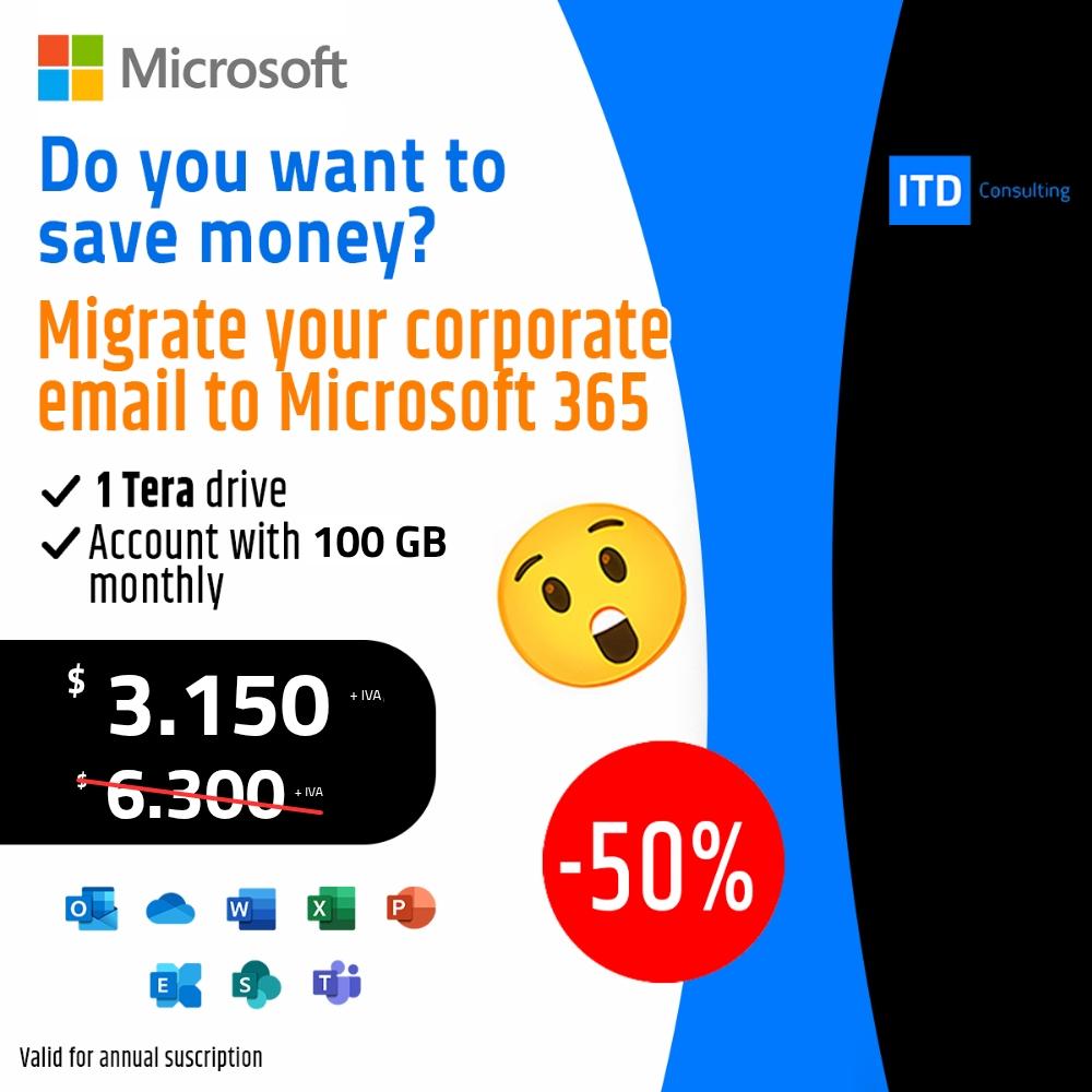 Migra tu correo corporativo a Microsoft 365 desde $3.50 por usuario al mes con 50% de descuento el primer año — ITD Consulting