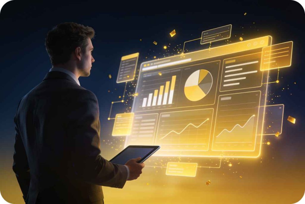 Especialista en datos interactuando con una pantalla brillante de reportes y tableros analíticos empresariales