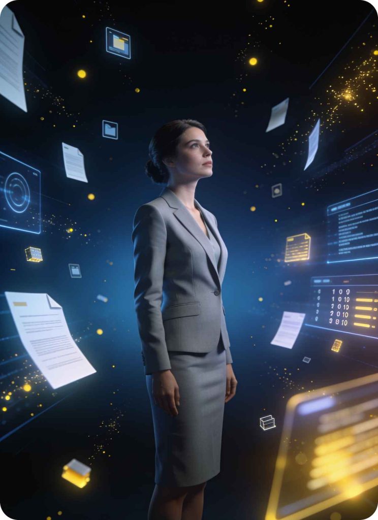 Analista explorando información sin estructurar dentro de un data lake organizado por zonas