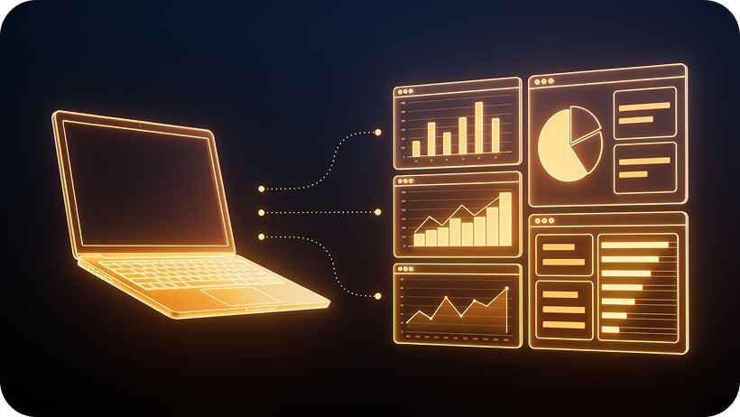 Laptop con un reporte de Power BI Desktop conectado a su modelo de datos y relaciones entre tablas