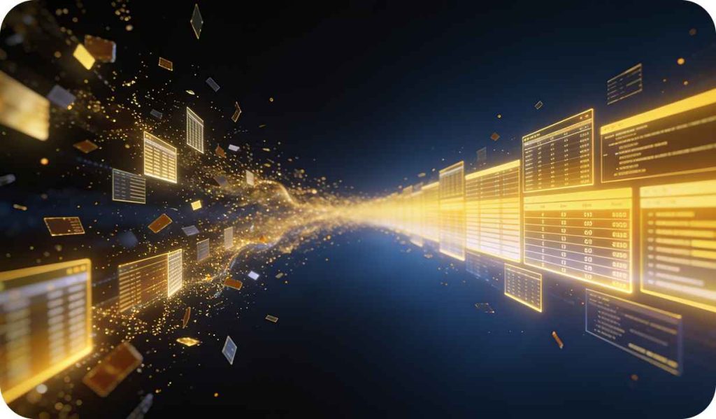 Flujo de datos desordenados transformándose en tablas estructuradas listas para el modelo